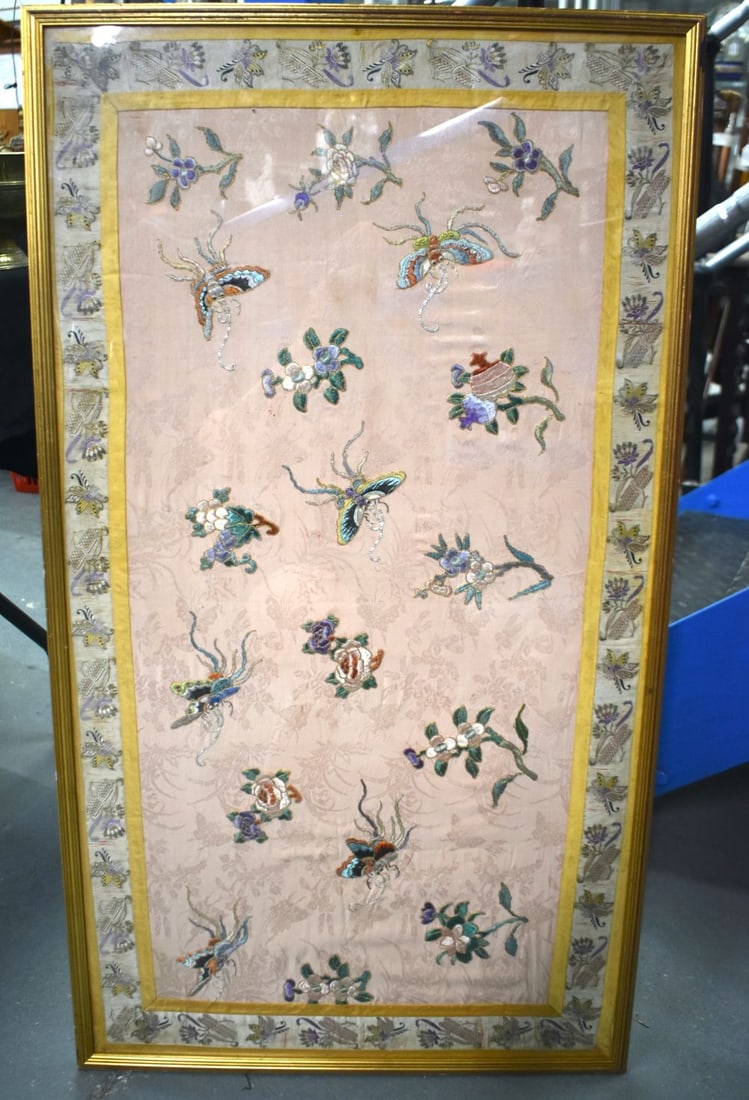A LARGE 19TH CENTURY CHINESE SILK EMBROIDERED BUTTERFLY PANEL Qing. 108 cm x 54 cm. (1 of 8)