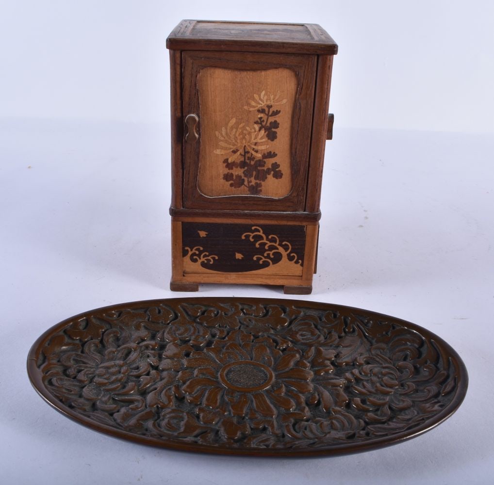 AN EARLY 20TH CENTURY JAPANESE MEIJI PERIOD BROWN LACQUER DISH together with a parquetry landscape b (1 of 7)