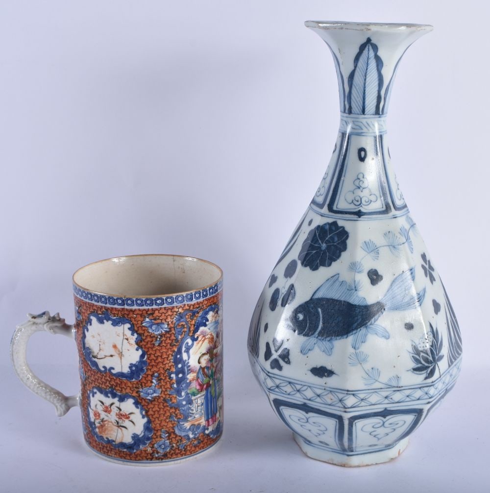 AN 18TH CENTURY CHINESE EXPORT MANDARIN PORCELAIN TANKARD Qianlong, together with a faceted blue and (1 of 9)