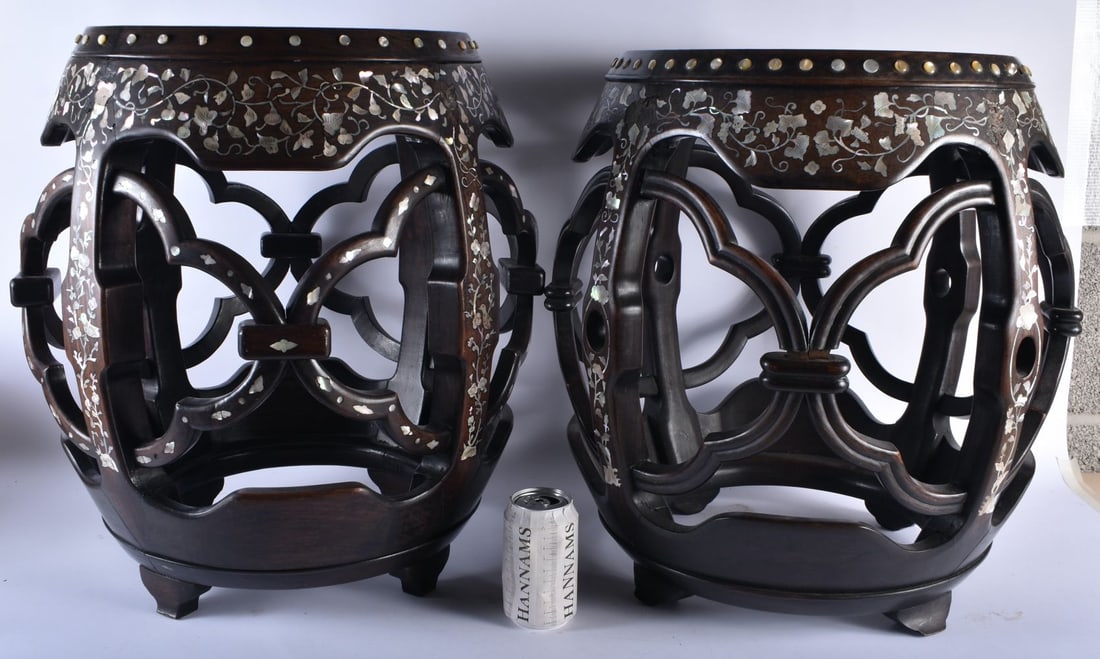 A PAIR OF 19TH CENTURY CHINESE MOTHER OF PEARL INLAID MARBLE TOPPED BARRELS SEATS Qing. 50cm x 38 cm (1 of 8)