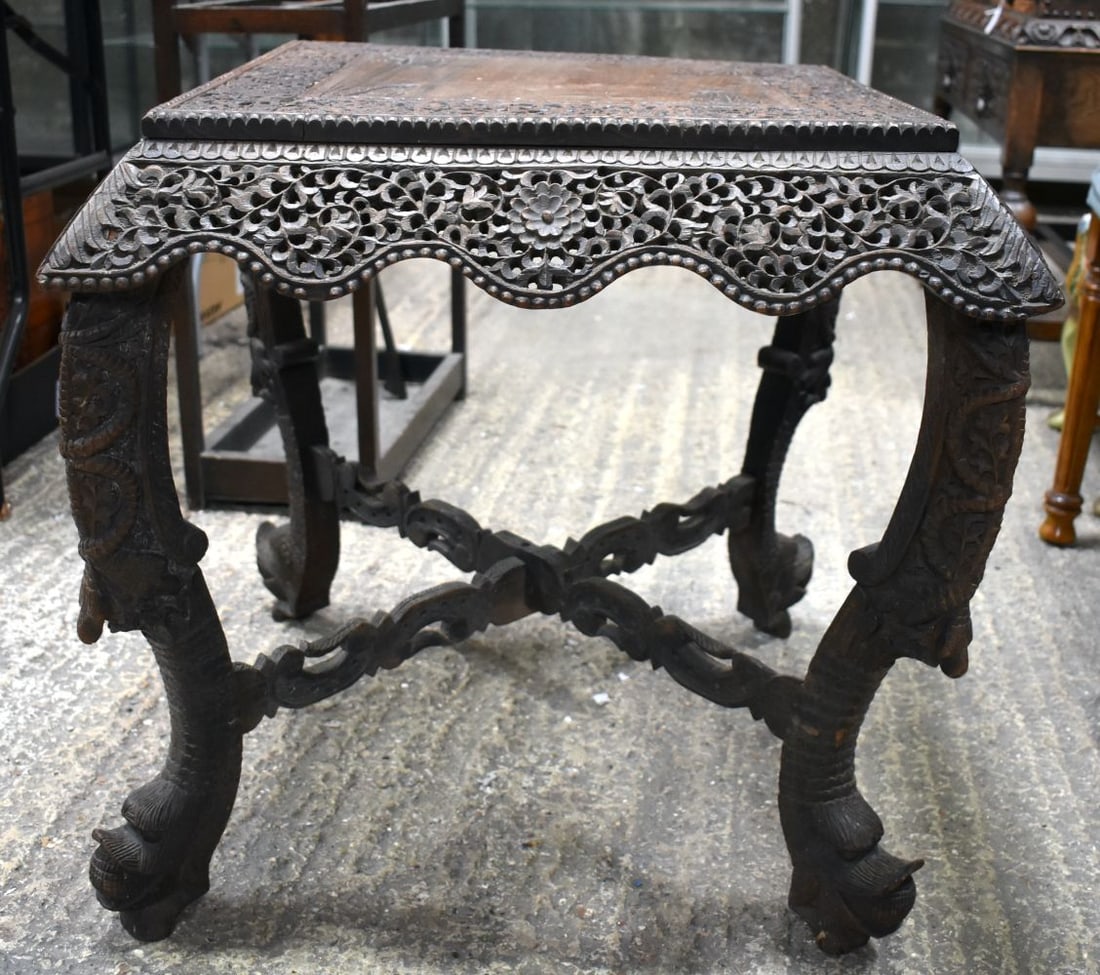 AN ANTIQUE ANGLO INDIAN BURMESE COUNTRY HOUSE SQUARE FORM TABLE formed with an openwork frieze of fo (1 of 7)