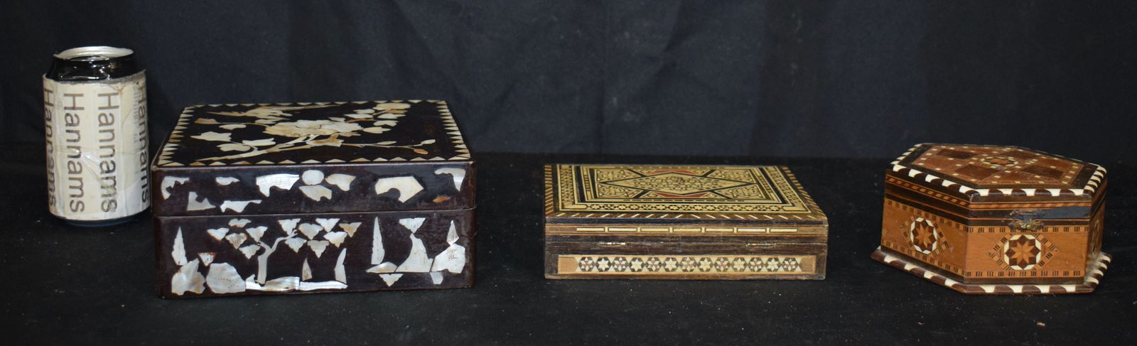 A mother of Pearl inlaid box with two middle Eastern boxes largest 8 x 18.5 x 18.5 cm (3) (1 of 3)