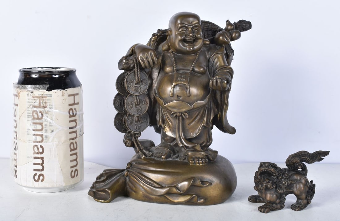 A Chinese bronze Buddha together with a small bronze Foo Dog 17 cm .(2) (1 of 5)