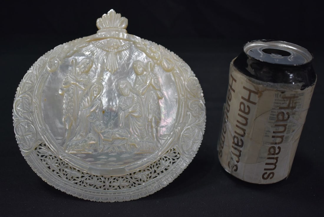 A 19th Century Palestinian Christian Pilgrims carved and openwork Mother of Pearl shell 16 x 16cm. (1 of 4)