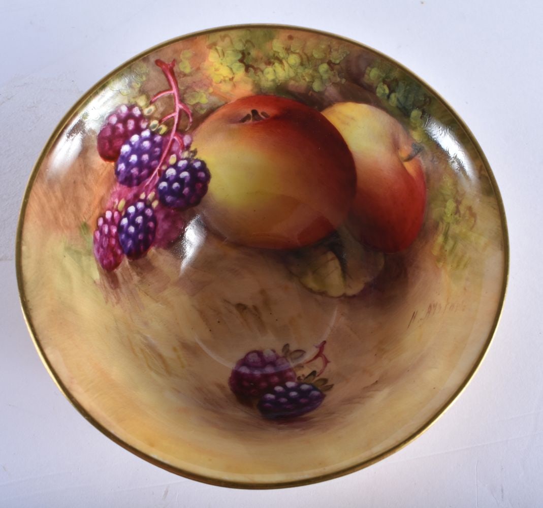 A ROYAL WORCESTER PORCELAIN BOWL painted with fruit by Harry Ayrton. 10 cm wide.: A ROYAL WORCESTER PORCELAIN BOWL painted with fruit by Harry Ayrton. 10 cm wide.