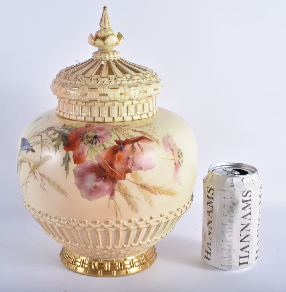 A LARGE ROYAL WORCESTER POT POURRI VASE AND COVER painted with insects and flowers. 32 cm x 18 cm. (1 of 5)
