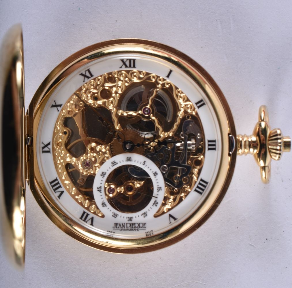 Mechanical Jean Pierre Skeleton Full Hunter Pocket Watch Hand-Wind WORKING. 5.25 cm wide. (1 of 4)