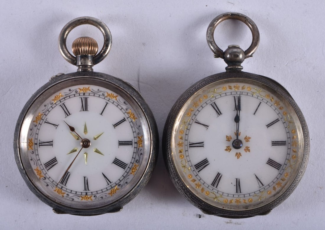 SILVER Women's Vintage FOB WATCHES. Hand/Key-Wind . SPARES & REPAIRS / PARTS & RESTORATION ONLY.: SILVER Women's Vintage FOB WATCHES. Hand/Key-Wind . SPARES & REPAIRS / PARTS & RESTORATION ONLY. Inc. White Enamel Dials, Roman Numerals, Profusely Engraved Case-backs etc. 74 grams. 3.5 cm diameter. 