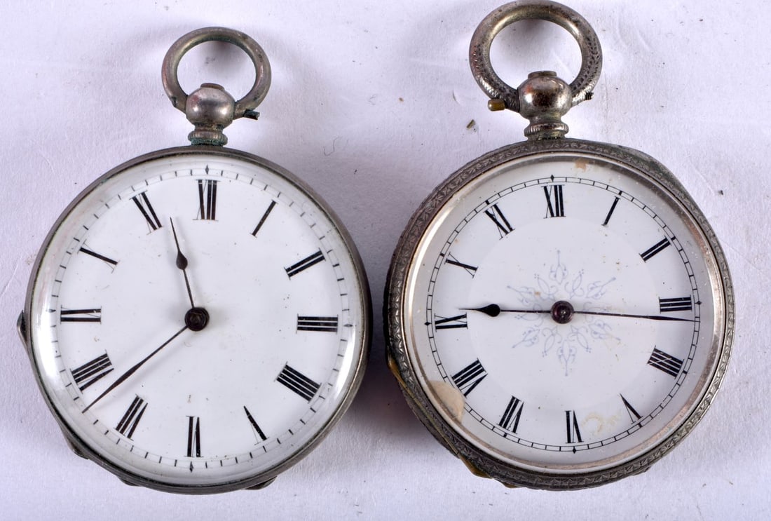 SILVER Women's Vintage FOB WATCHES. Key-Wind. SPARES & REPAIRS / PARTS & RESTORATION ONLY. Inc. W: SILVER Women's Vintage FOB WATCHES. Key-Wind. SPARES & REPAIRS / PARTS & RESTORATION ONLY. Inc. White Enamel Dials, Roman Numerals, Profusely Engraved Case-backs Etc. 88 grams. 4 cm wide. (2)