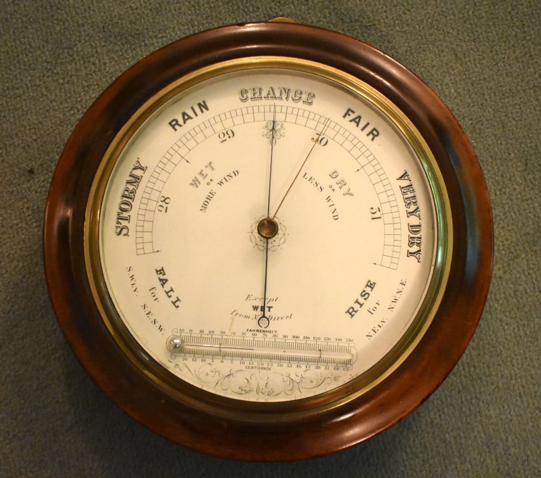 AN UNUSUAL ANTIQUE WALL HANGING CIRCULAR ENAMELLED BAROMETER. 27 cm diameter. (1 of 4)