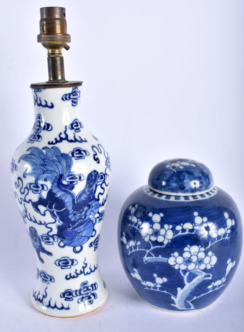 A 19TH CENTURY CHINESE BLUE AND WHITE PORCELAIN LAMP Qing, together with a ginger jar. Largest 31 cm (1 of 4)