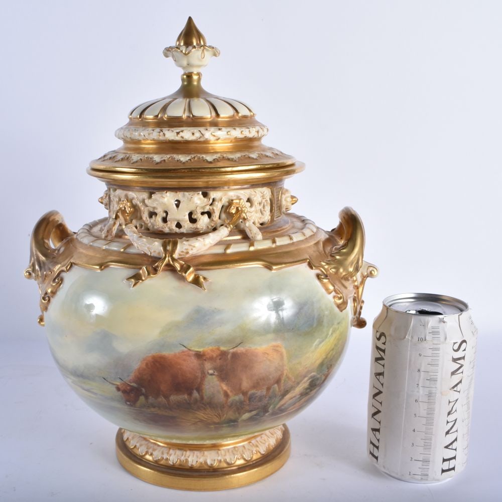 A LARGE ROYAL WORCESTER TWIN HANDLED BLUSH IVORY PORCELAIN VASE AND COVER painted with cattle by Jam (1 of 8)