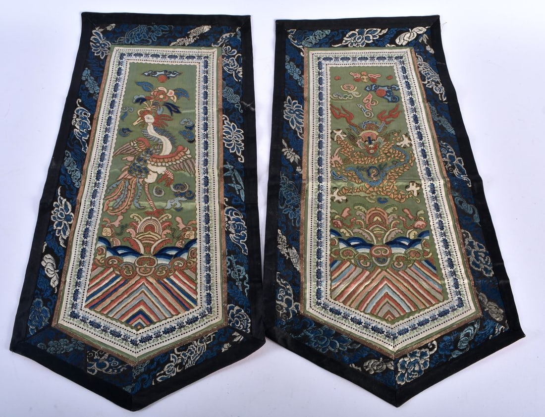 A PAIR OF LATE 19TH CENTURY CHINESE SILK EMBROIDERED DRAGON AND PHOENIX PANELS Late Qing. 55 cm x 30 (1 of 11)