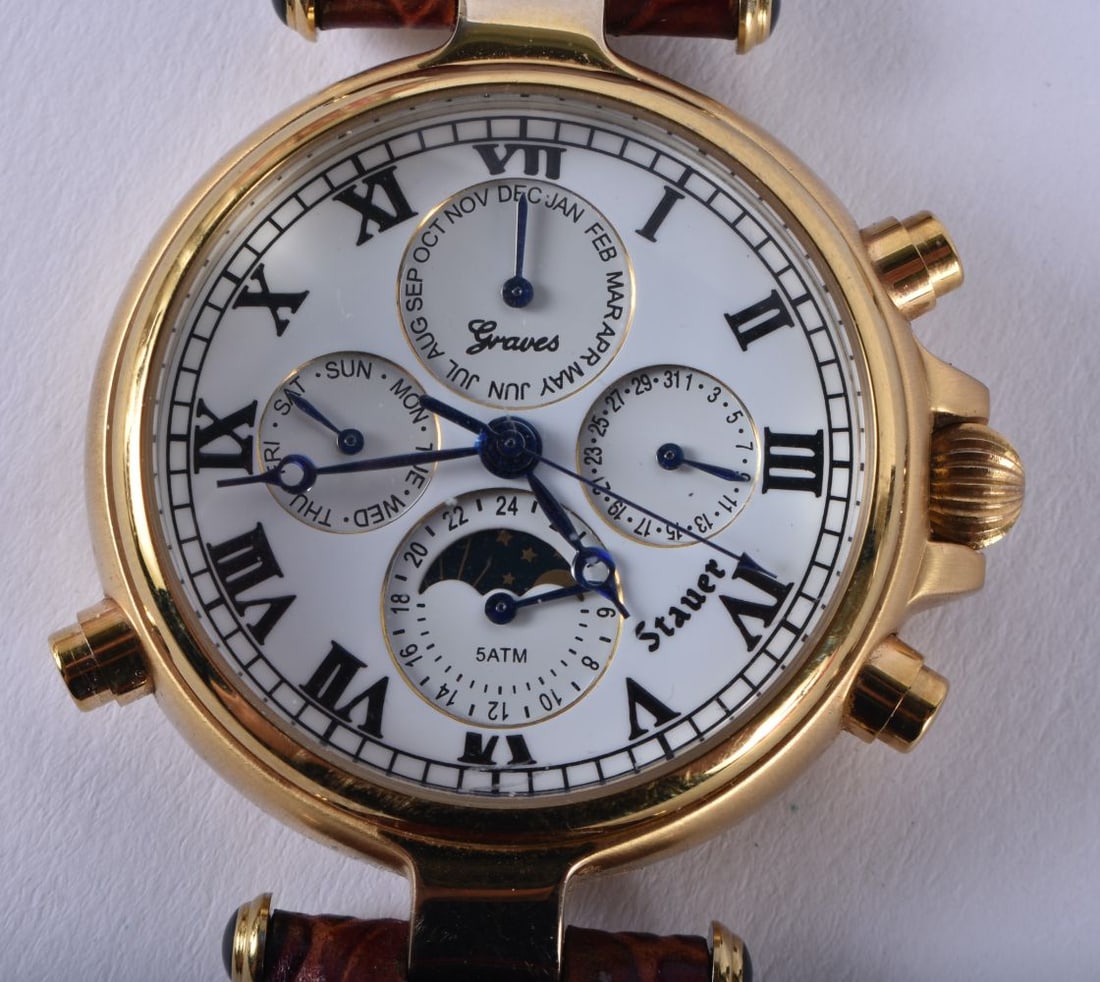 Mens Stauer Graves Calendar Moonphase Watch.? Movement - Hand-Wind.? WORKING - Tested For Time.? Cas (1 of 5)