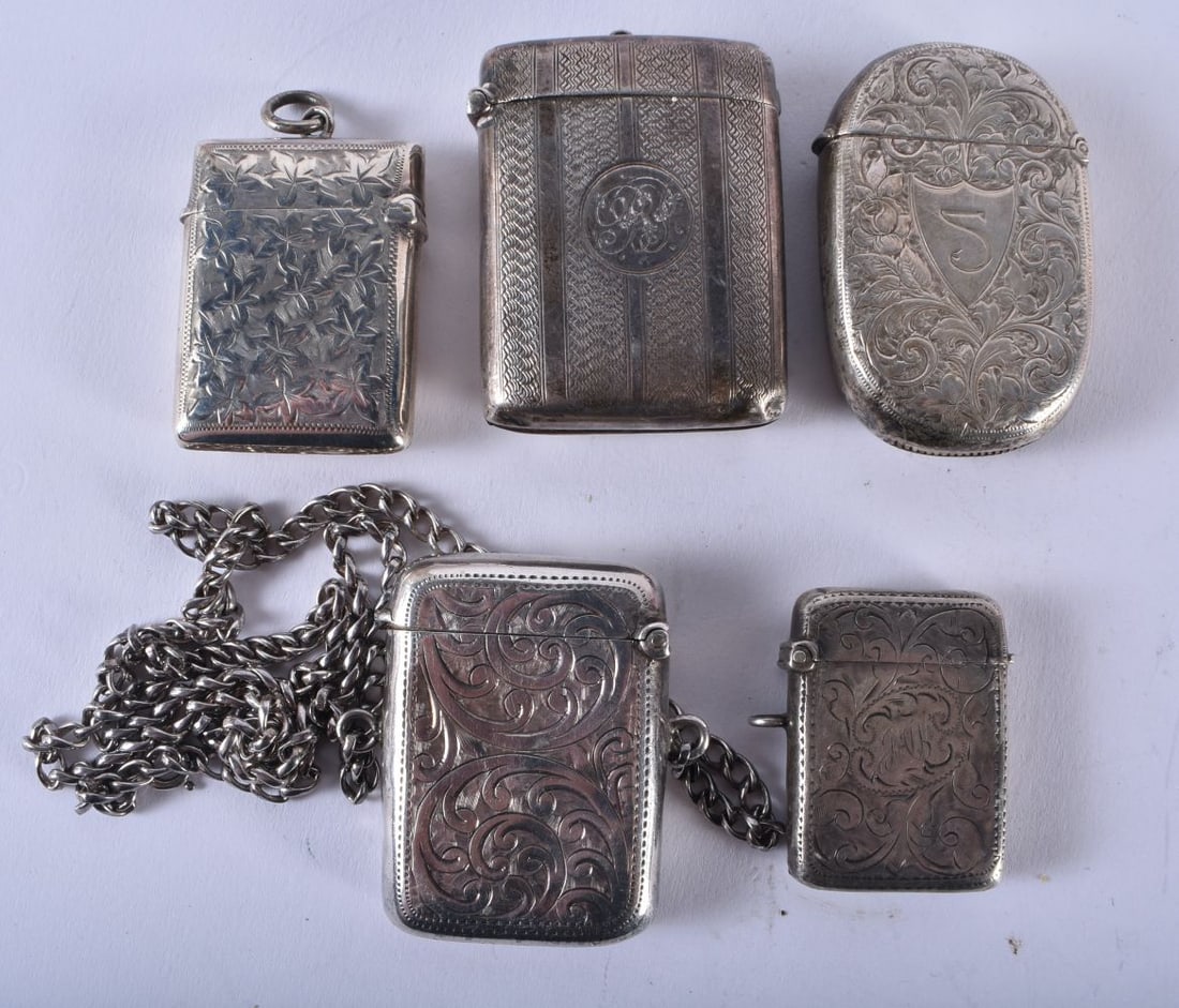 Five Victorian Silver Vesta Cases.. Various Hallmarks including Birmingham 1869.  Largest 5.1cm x 4c (1 of 7)