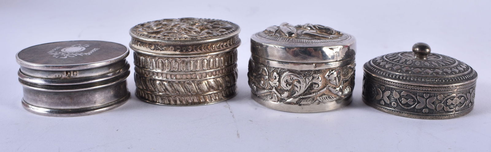 Four Silver Trinket / Pill Boxes,  Various marks incl London 1922.  Largest 4.9cm x 3cm, total weigh (1 of 6)