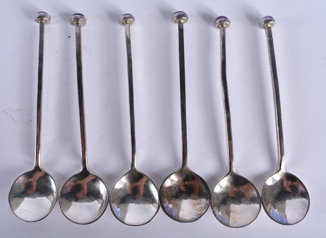 A Set of Six Coffee Spoons with Gem Set Finnials.  Stamped SILVER, 12cm x 2.7cm, total weight 105g ( (1 of 3)