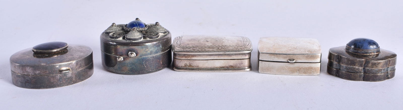 Five Silver Trinket / Pill Boxes,  Various marks incl London 2004,  Largest 3.3cm x 2cm, total weigh (1 of 3)