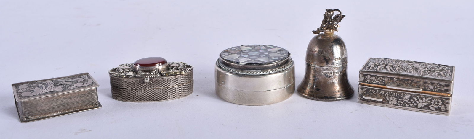 Five Silver Trinket / Pill Boxes,  Various marks incl 925 and 800,  Largest 3.9cm x 2.6cm, total wei (1 of 3)