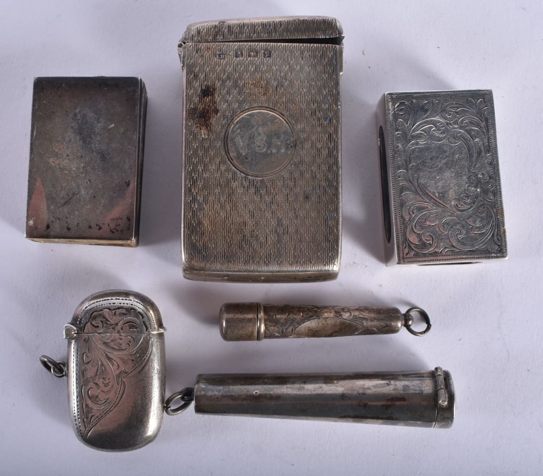 Three Silver Matchbox Covers, A Silver Vesta and 2 Silver Cheroot Holder Cases.  Various Hallmarks. (1 of 9)