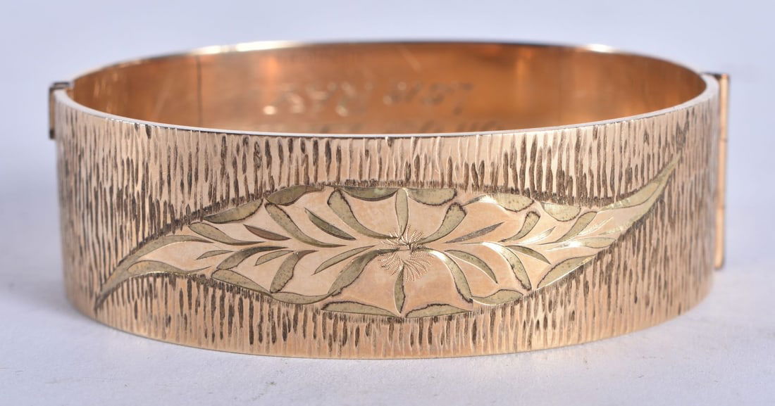 A 9 Carat Rolled Gold Bangle with Etched Floral Design.  Stamped 50 MICRON 9CT RG.  Internal 5.9cm x (1 of 5)