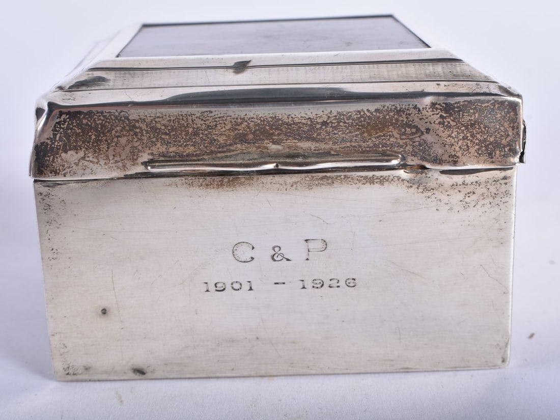 A Victorian Silver Wood Lined Box with Tortoiseshell Inset Lid.  Hallmarked London.  8.3cm x 8.3cm x (1 of 6)