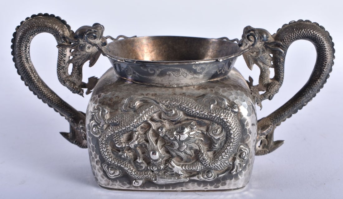 A Chinese Silver Square Form Bowl with Dragor Handles and Hammered Finish.  Chinese Mark to base.  1 (1 of 6)