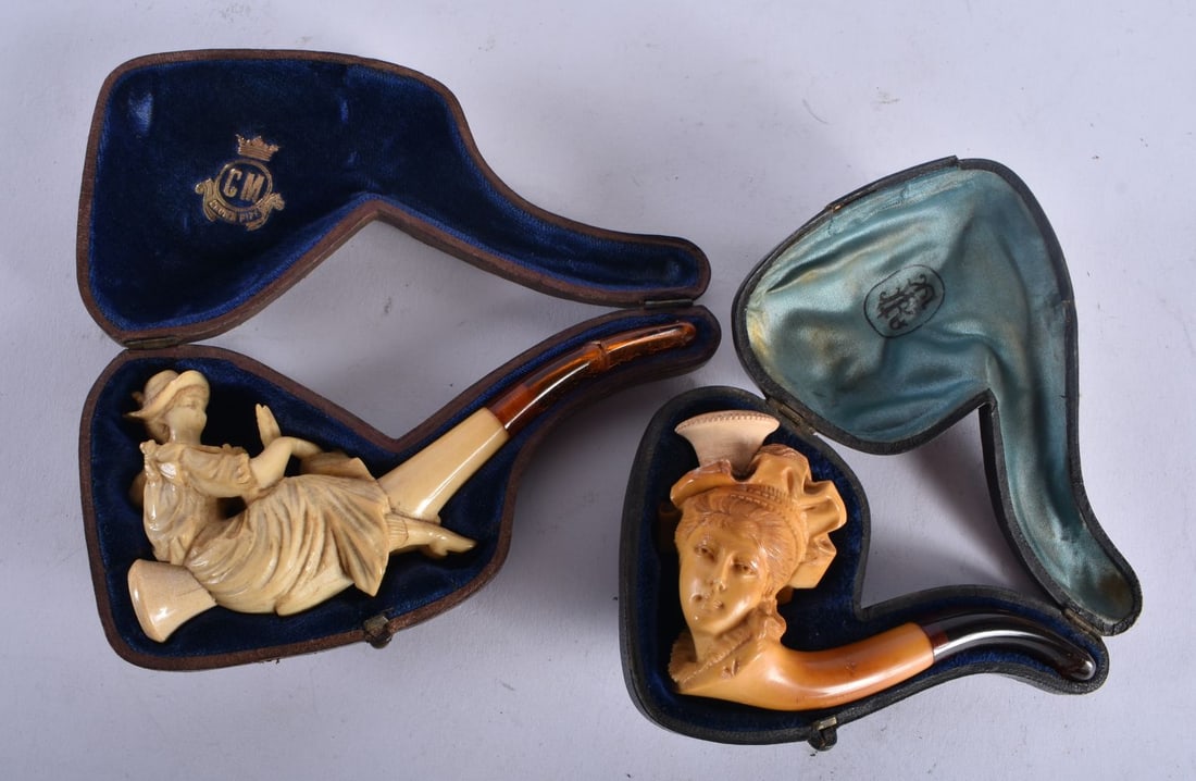 Two Cased Victorian Meerschaum Pipes with Amber Stems.  Largest Pipe 13.1cm x 6.3cm x 2.2cm (2) (1 of 7)