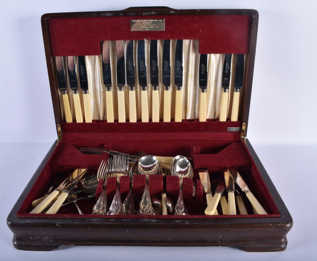 Cooper Bros & Sons Cutlery Set Stainless Steel with Ivorine Handles in a Wooden Canteen.: Cooper Bros & Sons Cutlery Set Stainless Steel with Ivorine Handles in a Wooden Canteen.