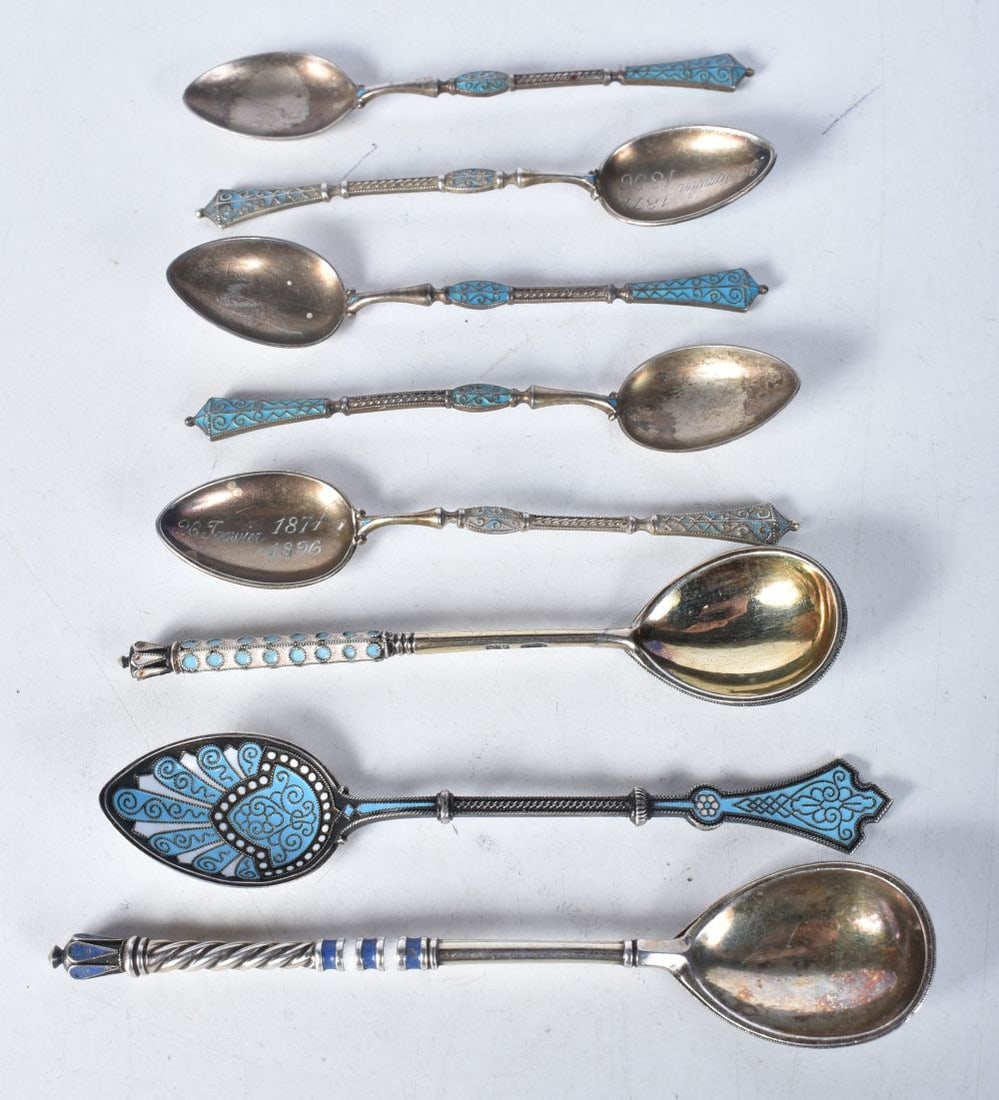 Eight Silver and Enamel Spoons.  Marks incl 2 x 84, 2 x 935 and 4 x 925.  Largest 12cm x 2.5cm, tota (1 of 3)