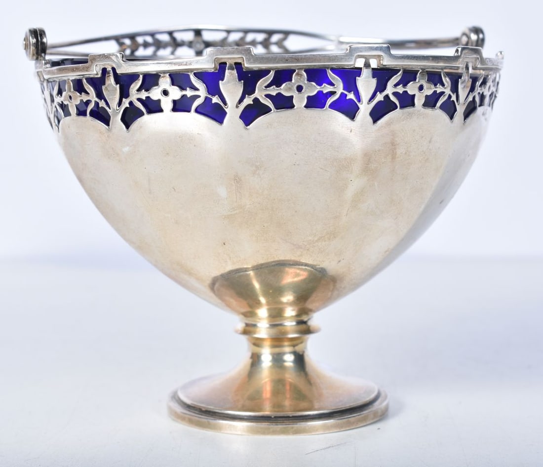 A Silver Swing Handled Sugar Basket with Pierced Rim decoration and Fluted Blue Glass Liner.  Hallma (1 of 4)