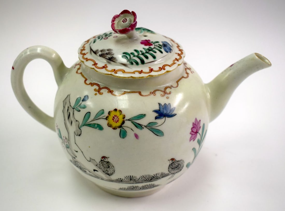 18th century Worcester teapot and cover painted with the rare Black Two Quail pattern, the cover wit (1 of 3)