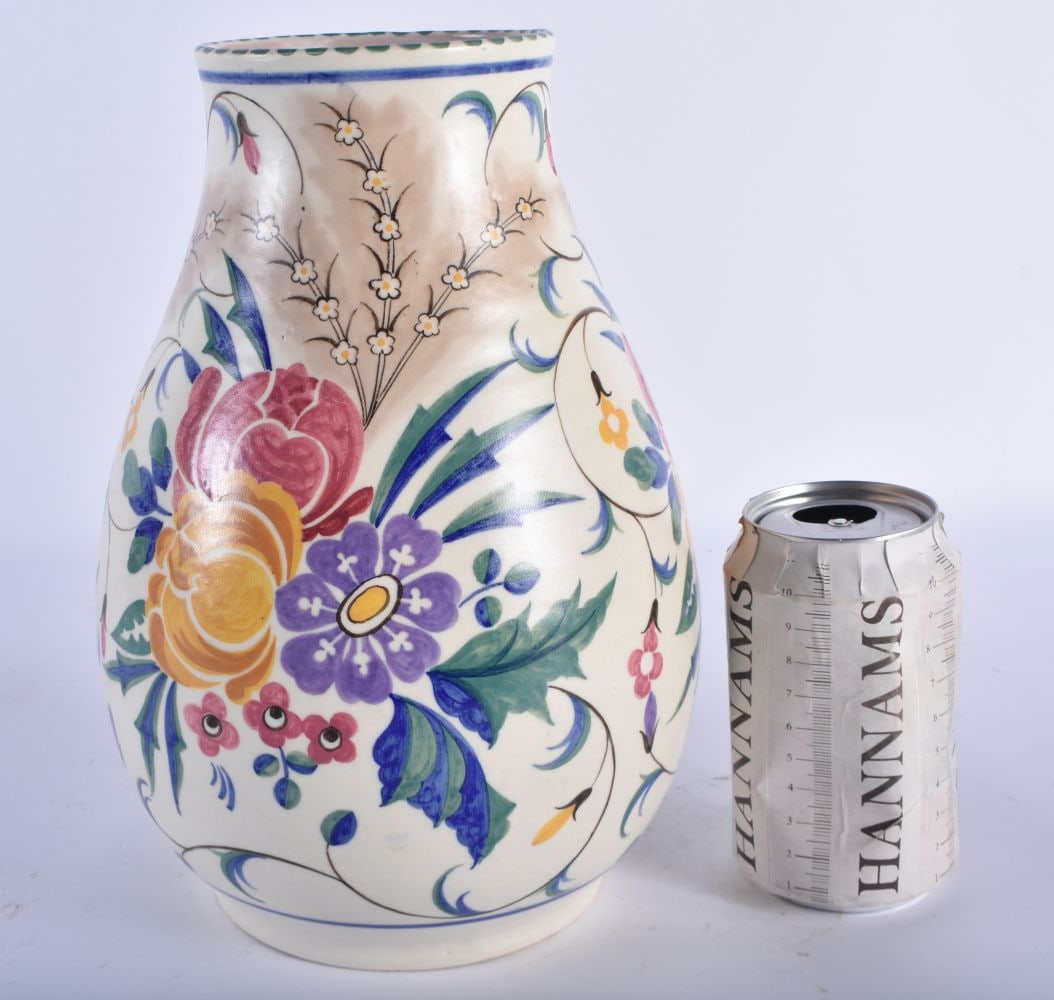A LOVELY ART DECO POOLE POTTERY VASE painted with floral sprays and motifs. 25 cm x 15cm.: A LOVELY ART DECO POOLE POTTERY VASE painted with floral sprays and motifs. 25 cm x 15cm.