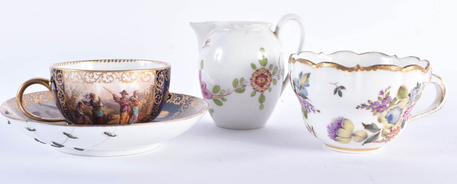 A 19TH CENTURY MEISSEN PORCELAIN CUP AND SAUCER together with another Meissen cup & a Meissen jug. L (1 of 13)