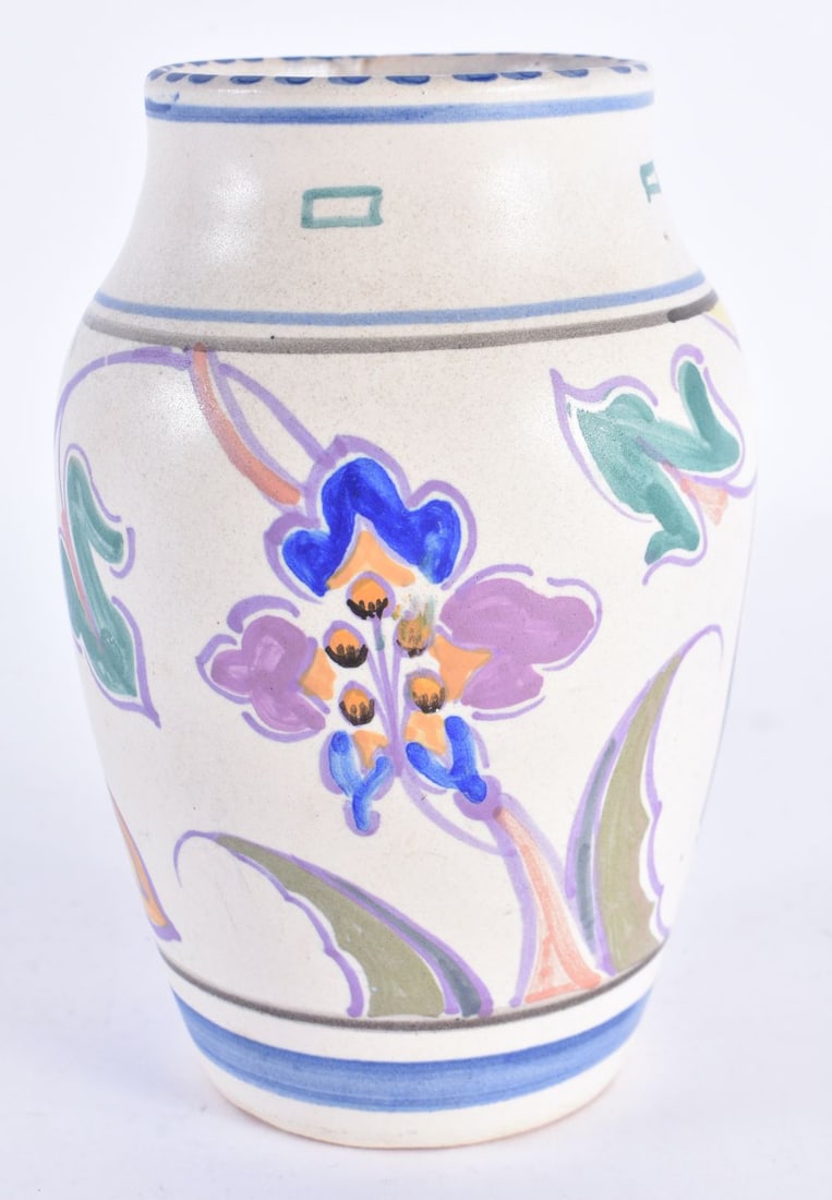 AN ART DECO ENGLISH POOLE HONITON POTTERY VASE painted with flowers. 15.5cm high.: AN ART DECO ENGLISH POOLE HONITON POTTERY VASE painted with flowers. 15.5cm high.