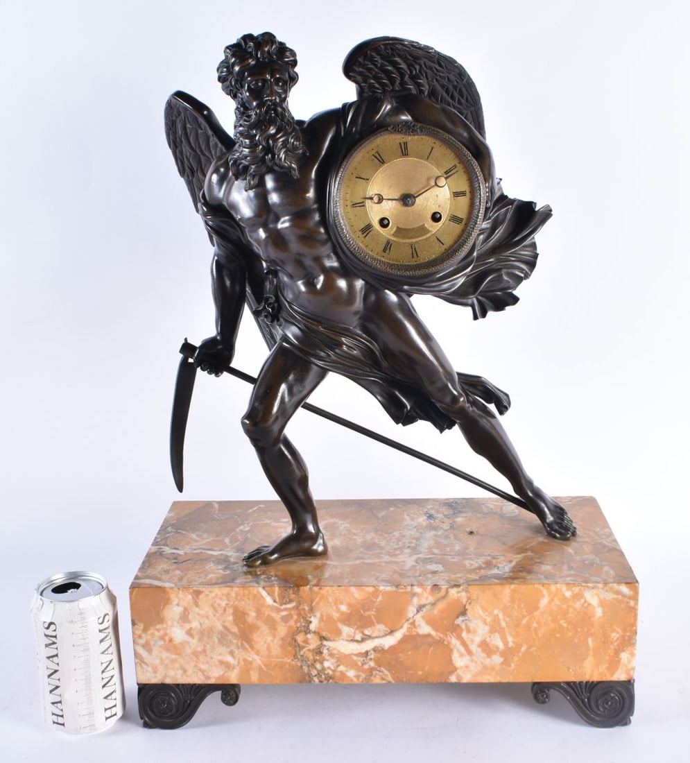 A FINE LARGE EARLY 19TH CENTURY EUROPEAN BRONZE AND SIENNA MARBLE CLOCK modelled as father time, hol (1 of 11)