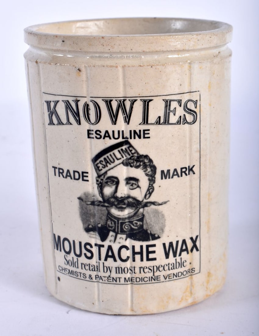 A CHARMING ANTIQUE MOUSTACHE WAX CERAMIC POT. 10.5cm high.: A CHARMING ANTIQUE MOUSTACHE WAX CERAMIC POT. 10.5cm high.