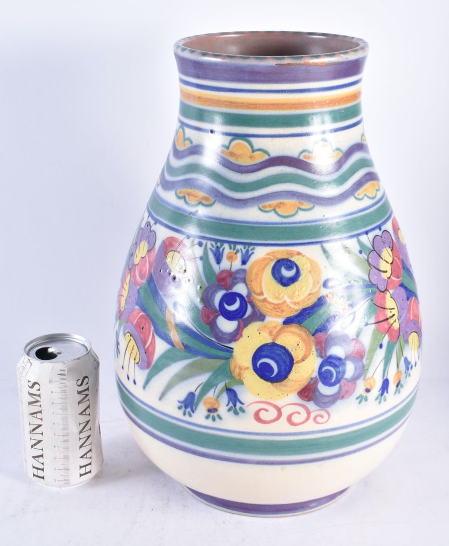 A LOVELY LARGE ART DECO CARTER STABLER & ADAMS POOLE POTTERY BULBOUS VASE painted with flowers. 36 c: A LOVELY LARGE ART DECO CARTER STABLER & ADAMS POOLE POTTERY BULBOUS VASE painted with flowers. 36 cm x 22cm.