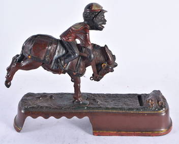 "I ALWAYS DID SPISE A MULE" J & E STEVENS CAST IRON MECHANICAL BANK a mule kicks up his back legs wh (1 of 4)