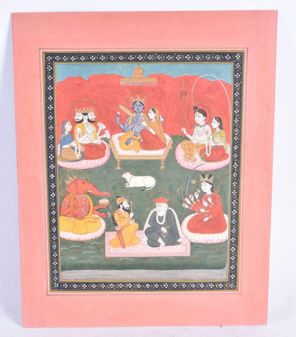 A 19TH CENTURY PUNJABI WATERCOLOUR depicting two Sikh Gurus, Guru Nanak and Guru Gobind Singh, and B (1 of 3)