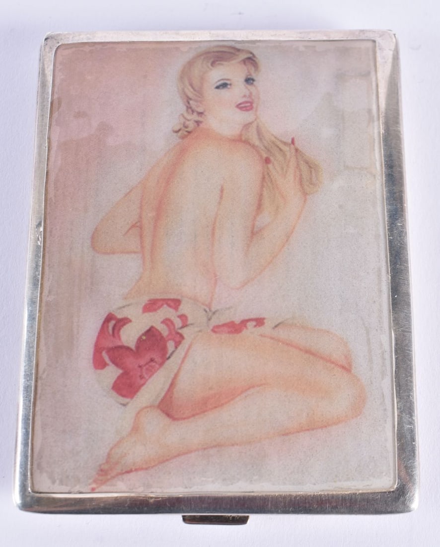 A Silver Cigarette Case with Engine Turned Decoration.  Top decorated with a Topless Beauty.  Stampe (1 of 4)