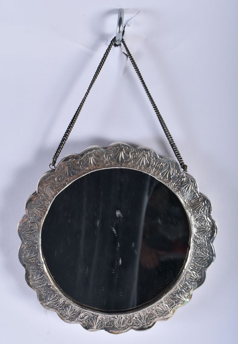 A TURKISH MIDDLE EASTERN ENGRAVED SILVER MIRROR. 453 grams overall. 15cm wide. (1 of 3)