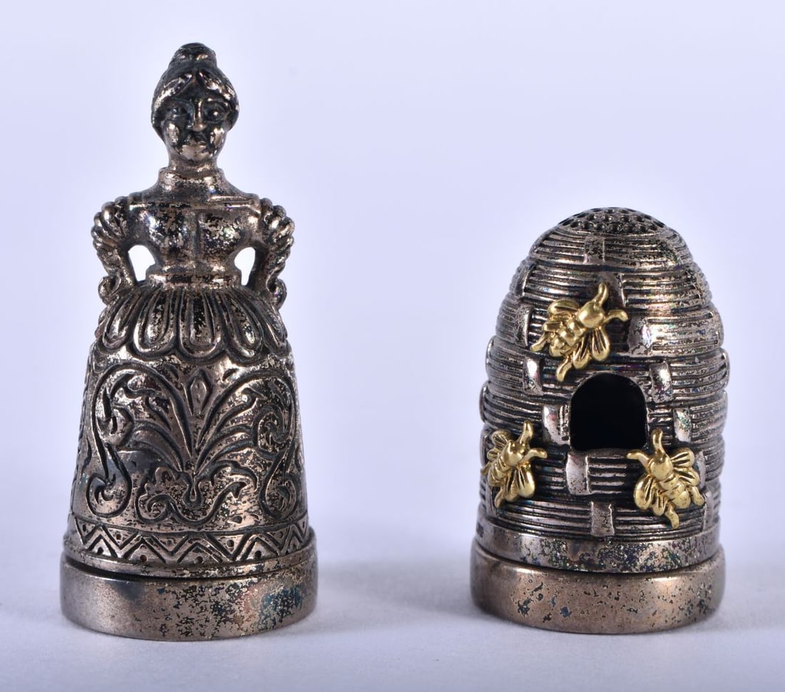 Two Silver Thimbles with Pin Cushion Bases.  One in the form of a Beehive with Gilt Foliage and the (1 of 3)