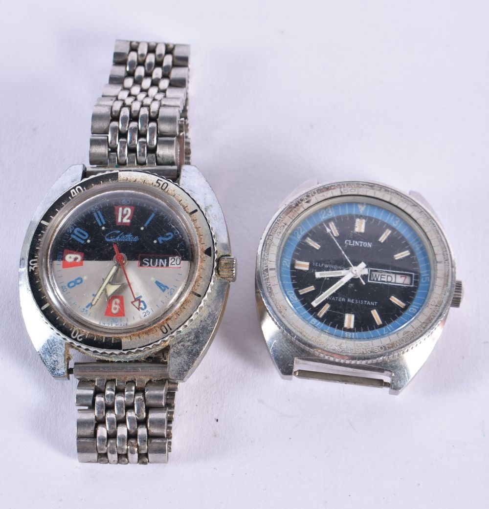 A Stainless Steel Chateau Divers Bracelet Watch (not working) together with a Vintage Clinton World (1 of 2)