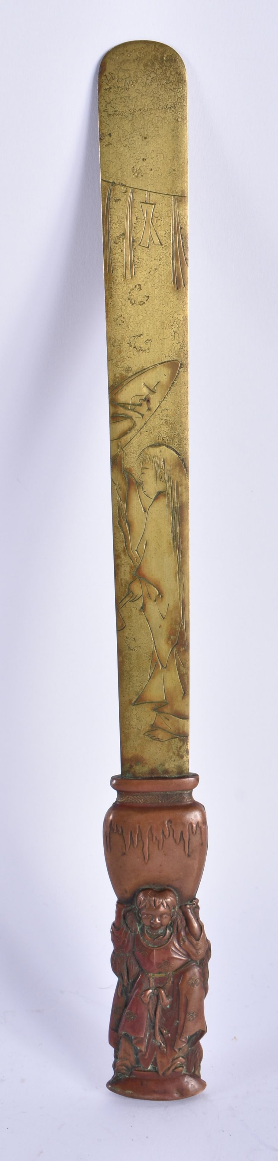A 19TH CENTURY JAPANESE MEIJI PERIOD MIXED METAL PAGE TURNER. 28cm long.: A 19TH CENTURY JAPANESE MEIJI PERIOD MIXED METAL PAGE TURNER. 28cm long.
