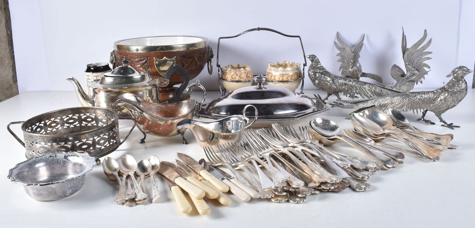 A collection of silver plated items, together with a carved oak pedestal bowl with ceramic insert, f (1 of 6)