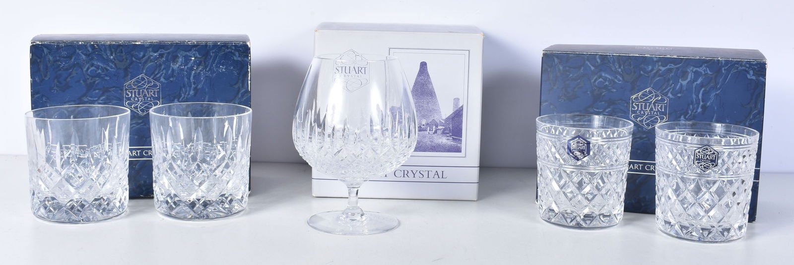 A Collection of boxed Stuart Crystal glasses, Rummers, Brandy Whisky and Tumblers (5). (1 of 1)