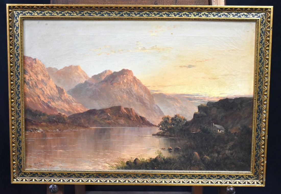Francis E Jamieson (1895 - 1950) A framed oil on canvas of a Highland lake scene 39 x 60 cm: Francis E Jamieson (1895 - 1950) A framed oil on canvas of a Highland lake scene 39 x 60 cm