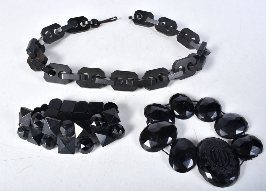 A Whitby Jet Large Link Neck Chain 50cm Long, Together With 2 Bracelets One Bears Monogram (3): A Whitby Jet Large Link Neck Chain 50cm Long, Together With 2 Bracelets One Bears Monogram (3)
