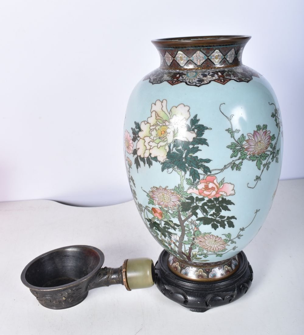A Chinese bronze silk iron with a Jade handle together with a  Cloisonne enamel vase decorated with (1 of 5)